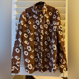 Express - NWT - Corduroy Floral Long Sleeve Shirt - Brown - XL -